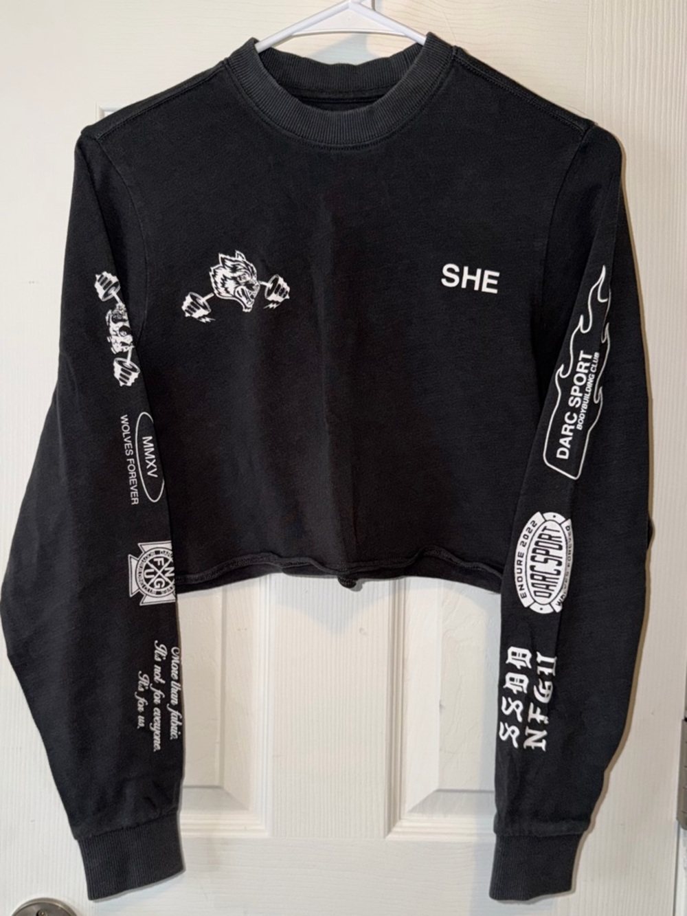 Darc Sport Black Cropped Graphic Sweatshirt with White Prints